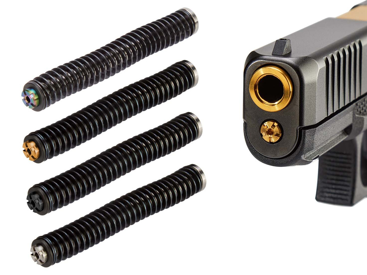 NDZ Performance guide rod assemblies in multiple finishes, with one installed in a Glock slide
